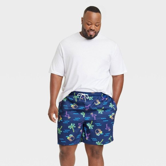 Men's Big & Tall 7" Waterloo Flamingo Swim Shorts Goodfellow & Co Blue 3XL - Picture 4 of 10